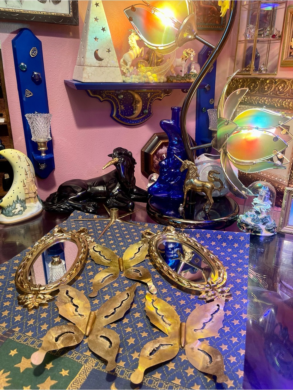 2 Vintage Golden Oval Ornate Wall Mirrors and 3 MCM Brass Butterflies